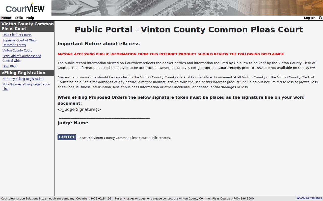 Vinton County case search CourtView public portal