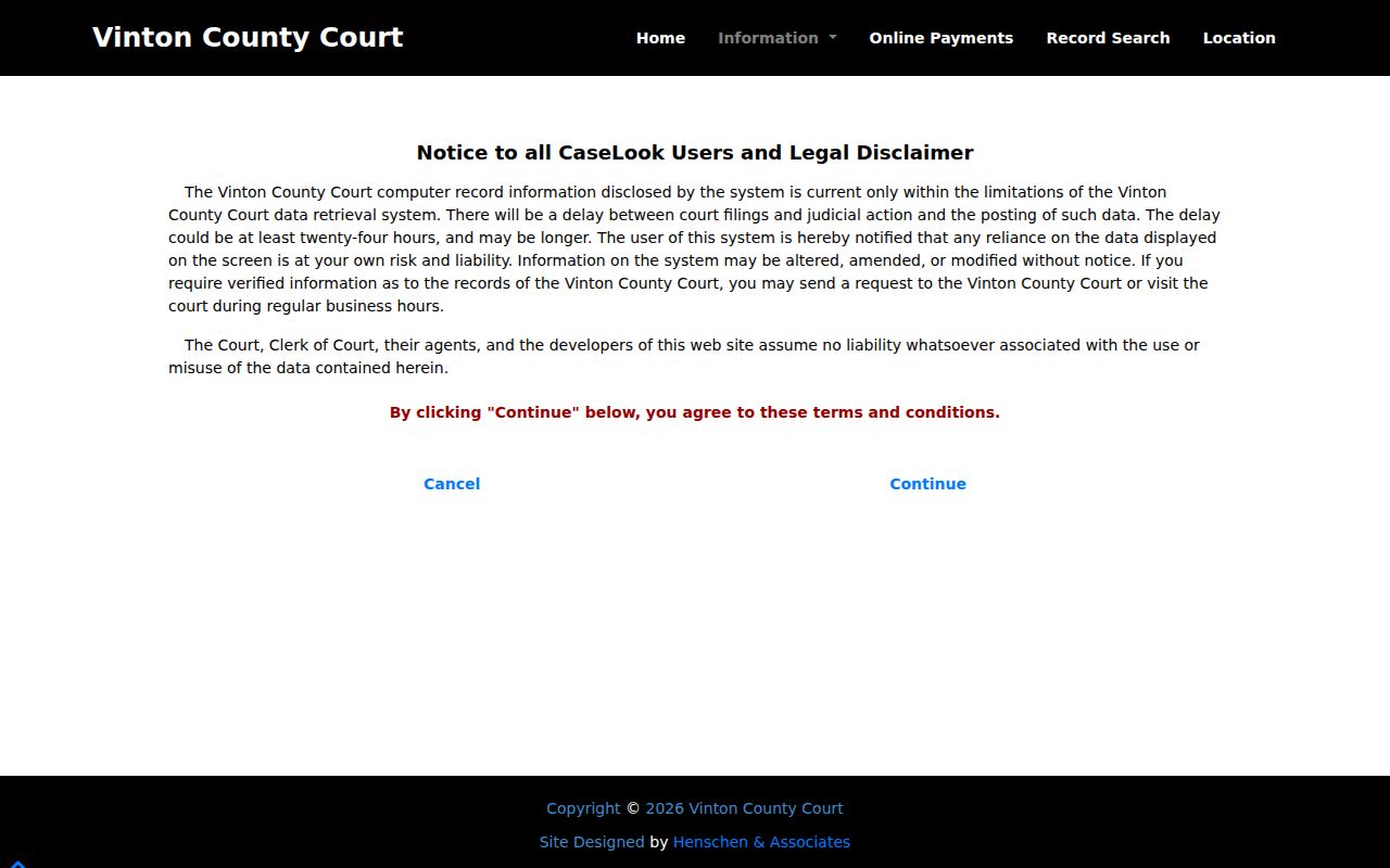 Vinton County case search record-search disclaimer