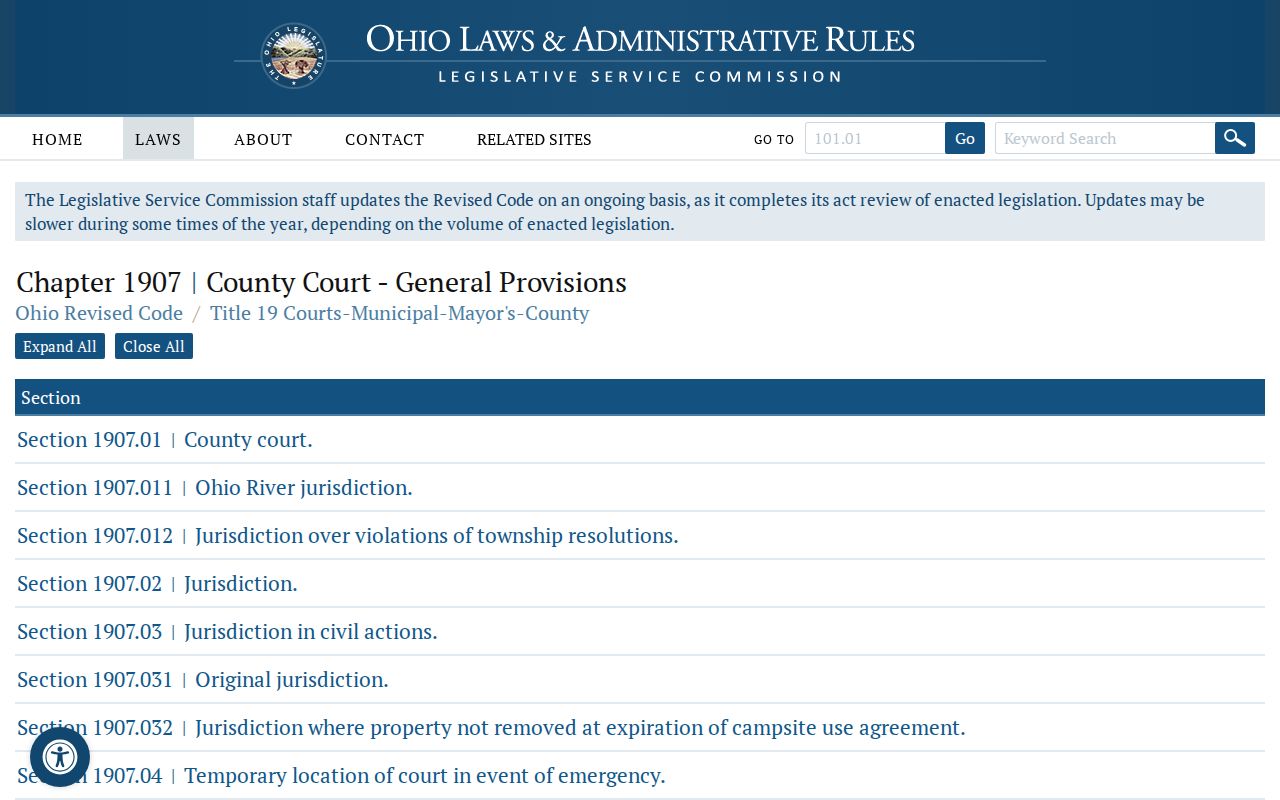 Ohio county-court jurisdiction provisions for Vinton County civil and small-claims dockets
