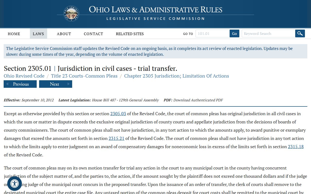 Ohio Common Pleas civil-jurisdiction statute for Vinton County civil docket routing