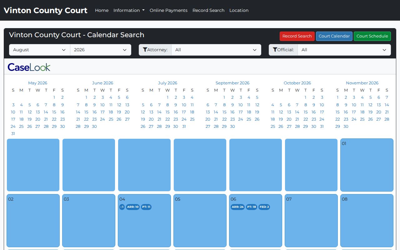Vinton County court calendar monthly hearing calendar