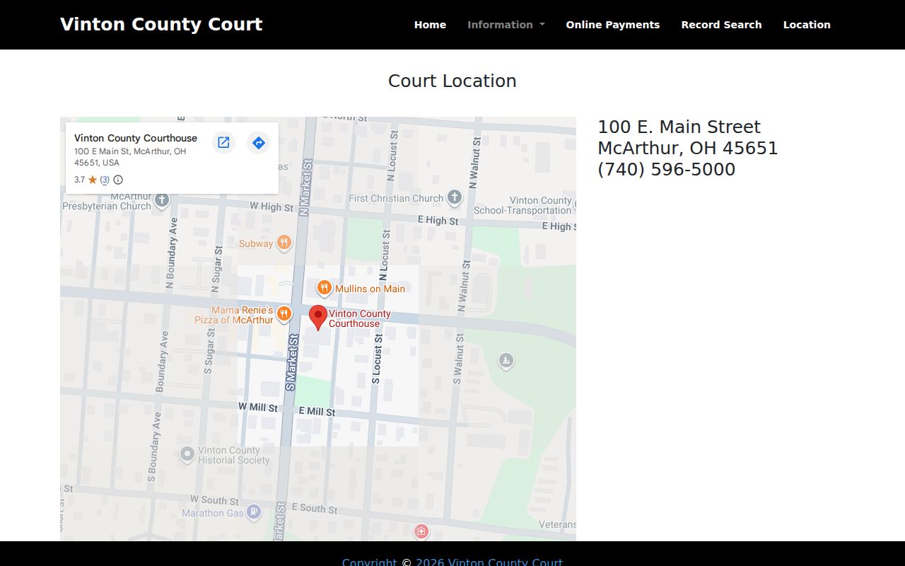 Vinton County court calendar courthouse location for hearing verification