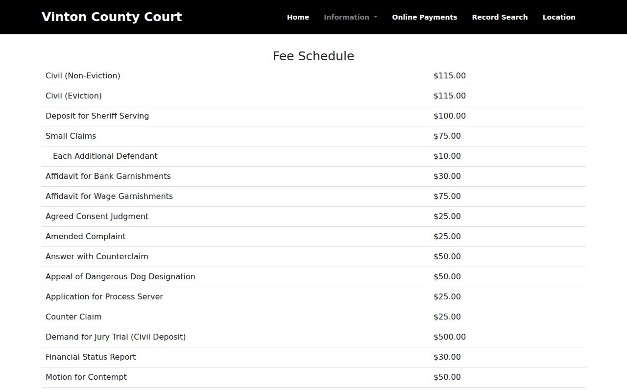 Vinton County court records fee schedule for copies and certified records