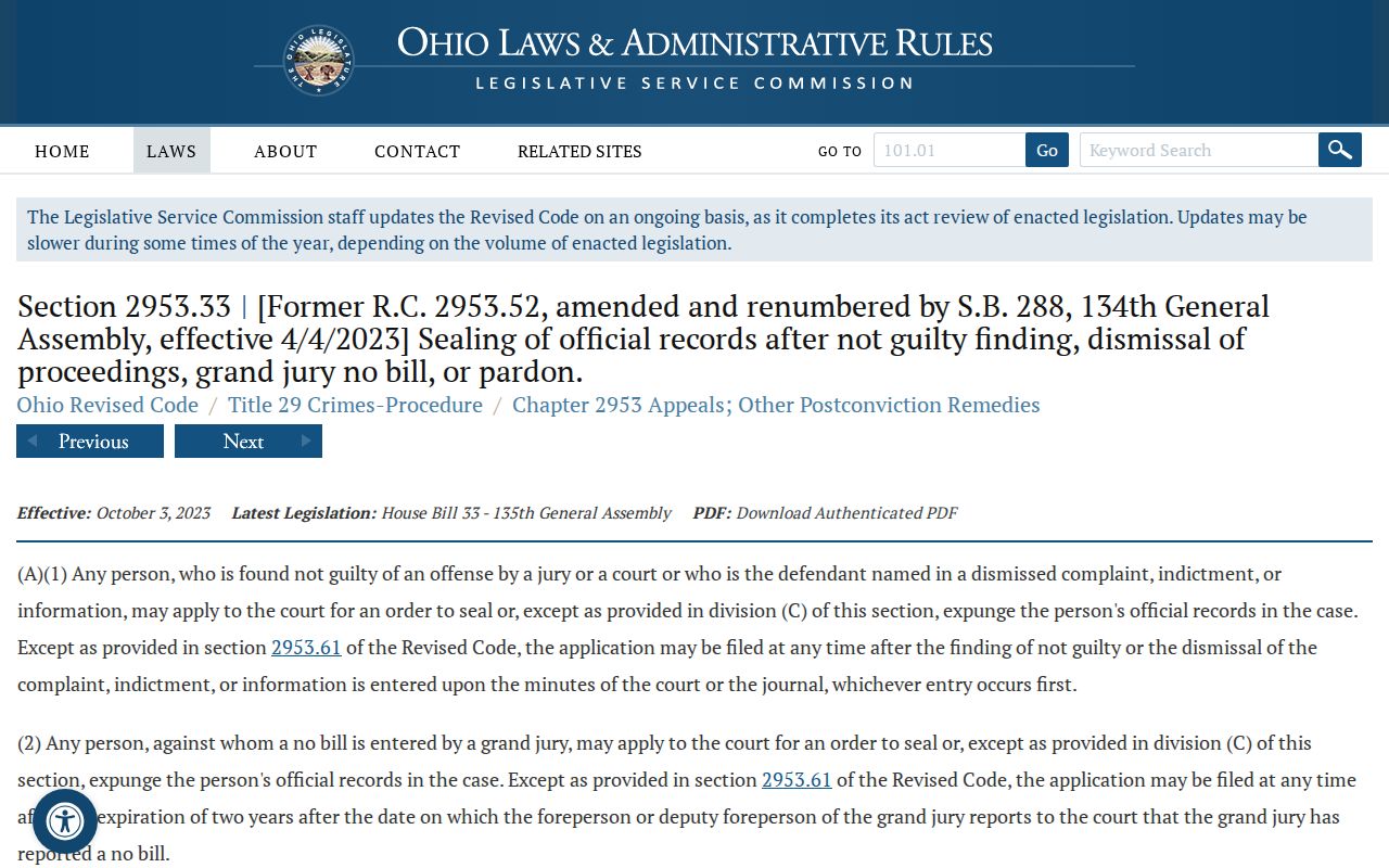 Ohio sealing statute for dismissed and not-guilty criminal matters