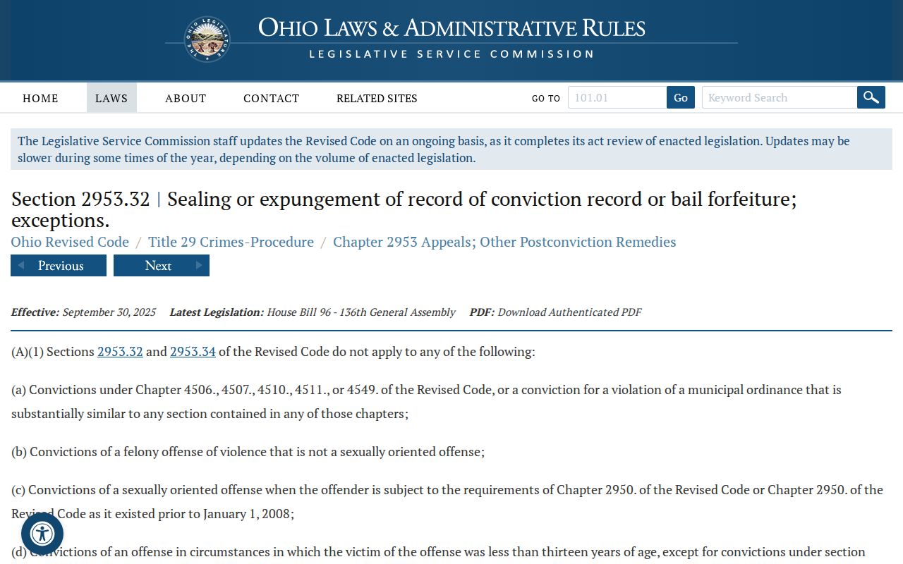Ohio record-sealing and expungement statute for criminal conviction records