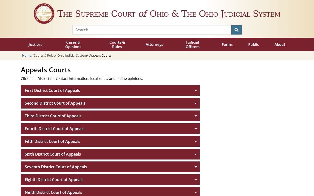 Ohio courts of appeals directory showing the separate appellate court system