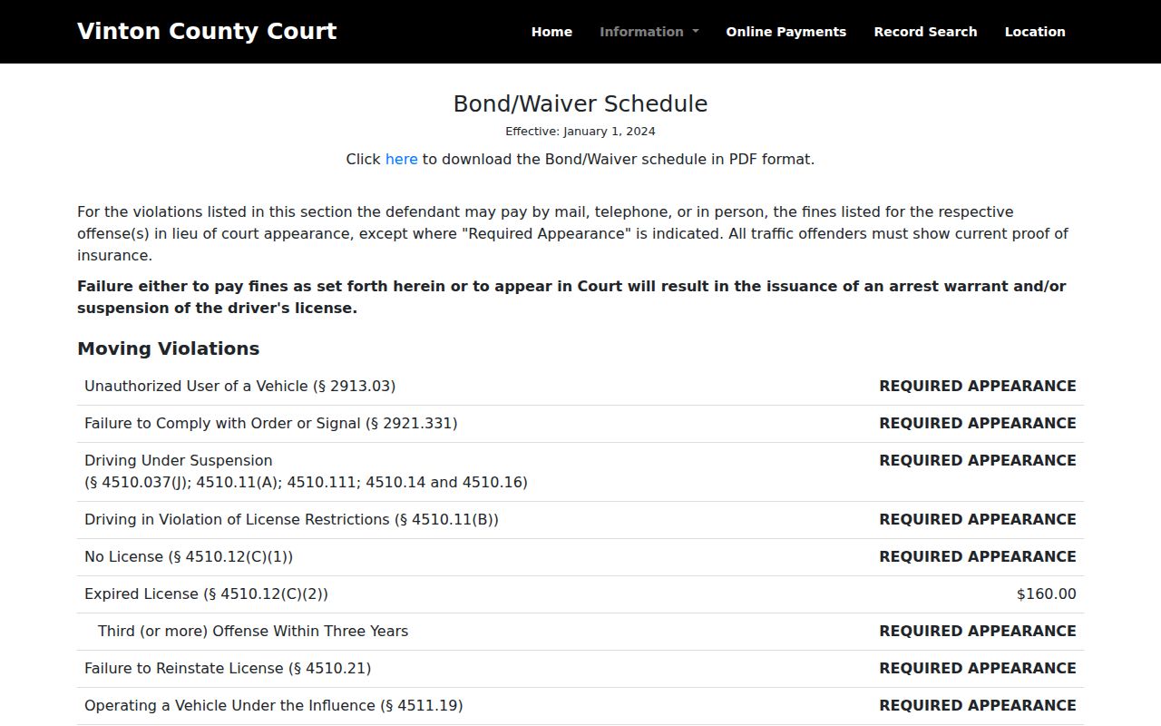 Vinton County traffic court records bond and waiver schedule