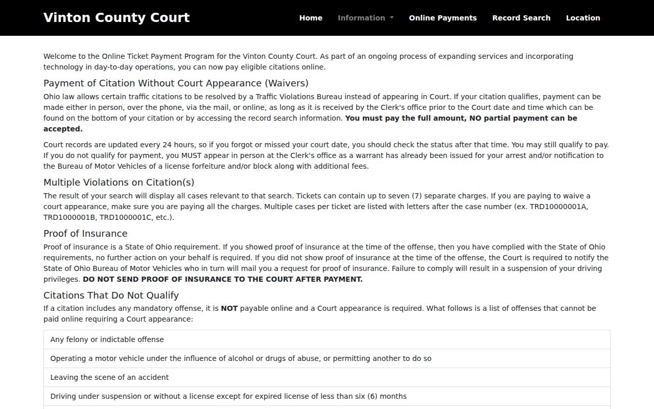 Vinton County traffic court records payment instructions for eligible citations